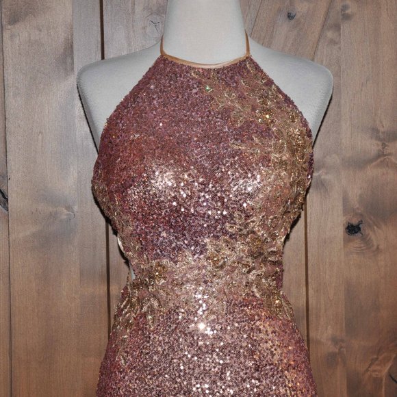 Golden ASP Mini Sequin Covered Gold to Rose Tones Sexy Open Back Evening Gown - Picture 2 of 9